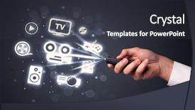  Presentation with control - Colorful slide set enhanced with universal - hand holding a remote control backdrop and a dark gray colored foreground