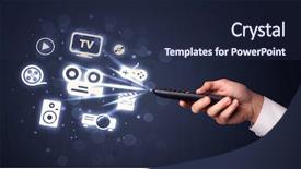  Presentation with remote - Audience pleasing slides consisting of universal - hand holding a remote control backdrop and a navy blue colored foreground