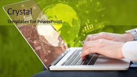  Presentation with global laptop - Slide set featuring universal - hand using laptop with global background and a gold colored foreground