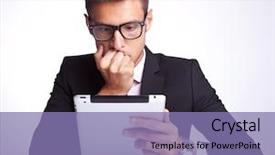  Presentation with business - Colorful presentation theme enhanced with universal design - business man looking worried whie backdrop and a  colored foreground