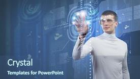  Presentation with media - Cool new presentation theme with universal design - man in white touching icon backdrop and a ocean colored foreground