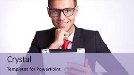  Presentation with camera - Presentation with universal design - pensive business man smiling background and a light blue colored foreground