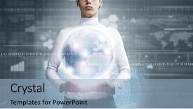  Presentation with digital earth abstract blue - Amazing PPT layouts having universal system - young man holding digital earth backdrop and a light blue colored foreground