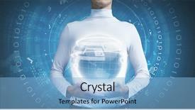  Presentation with hands holding - Slides with universal system - young man holding digital earth background and a  colored foreground