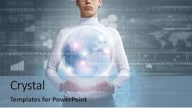  Presentation with holding hands - Beautiful PPT theme featuring universal system - young man holding digital earth backdrop and a  colored foreground