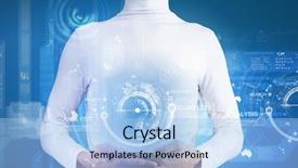  Presentation with digital earth abstract blue - Amazing PPT theme having universal system - young man holding digital earth backdrop and a  colored foreground