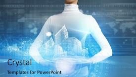  Presentation with digital earth abstract blue - PPT layouts featuring universal system - young woman holding digital earth background and a light blue colored foreground