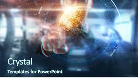  Presentation with virtual technology - Presentation design with business people virtual reality technology and cyberspace concept - close up of businessman with planet on screen over abstract background background and a ocean colored foreground