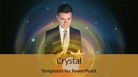  Presentation with crystal ball - PPT theme featuring young handsome man looking to the future of the universe in a crystal ball background and a gold colored foreground