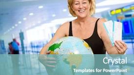  Presentation with universe - Beautiful slide set featuring universe information - mature woman holding globe backdrop and a light blue colored foreground