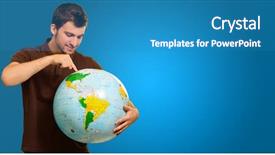  Presentation with 3d character blue globe - Beautiful slide set featuring universe information - young man searching on globe backdrop and a  colored foreground
