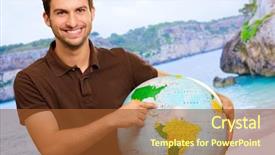  Presentation with tv news globe - Slide deck with universe information - young man showing destination background and a  colored foreground