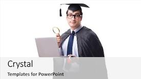  Presentation with student - Slide deck having university audit - student graduate isolated on white background and a  colored foreground