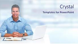  Presentation with audit - Slides having university audit - young businessman with laptop computer background and a  colored foreground