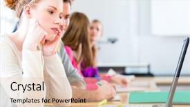  Presentation with college students and laptop - Beautiful slide set featuring university college students having examination backdrop and a lemonade colored foreground