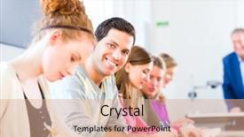  Presentation with examination - Beautiful PPT theme featuring overseeing - university college students having examination backdrop and a coral colored foreground