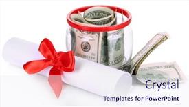  Presentation with education money - Colorful presentation theme enhanced with money and university diploma cost of education conceptual photo isolated on white backdrop and a sky blue colored foreground