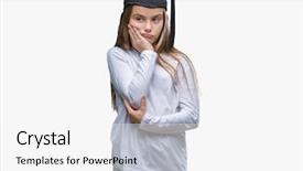 Presentation with depression - Theme consisting of university education promlem - young beautiful girl wearing graduate background and a  colored foreground