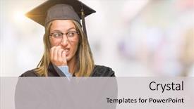  Presentation with stress and anxiety - Beautiful PPT theme featuring university education promlem - young beautiful woman wearing graduated backdrop and a light gray colored foreground