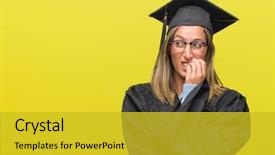  Presentation with anxiety and stress - PPT theme consisting of university education promlem - young beautiful woman wearing graduated background and a gold colored foreground