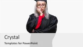  Presentation with anxiety - Amazing slide deck having university education promlem - young blonde woman wearing graduate backdrop and a white colored foreground