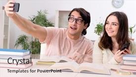  Presentation with exam - Beautiful presentation design featuring university family learning - students preparing for exam together backdrop and a  colored foreground