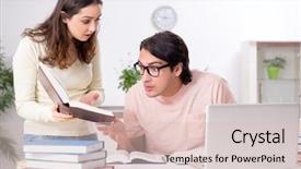  Presentation with test exam student - Beautiful presentation design featuring university family learning - students preparing for exam together backdrop and a  colored foreground