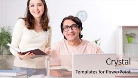  Presentation with newborn exam - Presentation design featuring university family learning - students preparing for exam together background and a  colored foreground