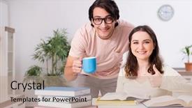  Presentation with exam - Presentation theme enhanced with university family learning - students preparing for exam together background and a coral colored foreground