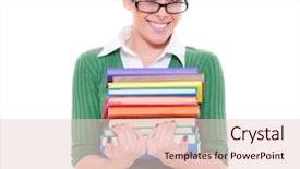 Presentation with tan book stack stacks of books - PPT layouts featuring university girl holding books isolated background and a  colored foreground