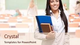  Presentation with notebook - PPT theme with university life - portrait of young woman holding background and a lemonade colored foreground