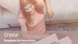  Presentation with sad lonely student sitting - Amazing slides having university lounge - girl student working on laptop backdrop and a coral colored foreground