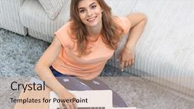  Presentation with student - Presentation enhanced with university lounge - girl student working on laptop background and a  colored foreground