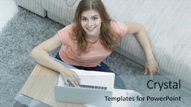  Presentation with sad lonely student sitting - Theme having university lounge - girl student working on laptop background and a  colored foreground