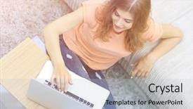  Presentation with student - Audience pleasing PPT layouts consisting of university lounge - girl student working on laptop backdrop and a  colored foreground