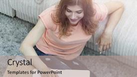  Presentation with laptop - Cool new presentation theme with university lounge - girl student working on laptop backdrop and a  colored foreground