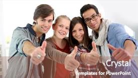  Presentation with students - Audience pleasing slide deck consisting of university lounge - group of cheerful students showing backdrop and a  colored foreground