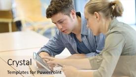  Presentation with digital university - Presentation theme with university lounge - students working on digital tablet background and a  colored foreground