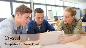  Presentation with digital university - Presentation design with university lounge - students working on digital tablet background and a  colored foreground