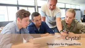  Presentation with public works students - Presentation consisting of university lounge - teacher with group of students background and a coral colored foreground