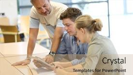  Presentation with digital university - Presentation featuring university lounge - teacher with group of students background and a  colored foreground