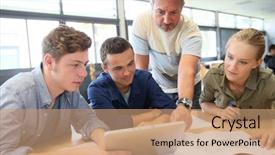  Presentation with students - Colorful slide set enhanced with university lounge - teacher with group of students backdrop and a  colored foreground