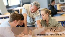  Presentation with students - Colorful presentation theme enhanced with university lounge - teacher with group of students backdrop and a coral colored foreground