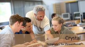  Presentation with students working in groups - Amazing presentation design having university lounge - teacher with group of students backdrop and a coral colored foreground