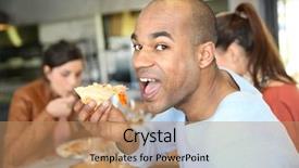  Presentation with pizza - Amazing PPT theme having university lounge - young man having eating pizza backdrop and a coral colored foreground