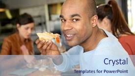  Presentation with pizza and sports - Presentation design having university lounge - young man having eating pizza background and a sky blue colored foreground