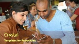  Presentation with coffee shop - Presentation design featuring university lounge - young people in coffee shop background and a tawny brown colored foreground