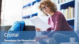  Presentation with research paper - Beautiful theme featuring university research she reading text backdrop and a teal colored foreground