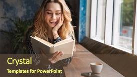  Presentation with coffee book - PPT theme consisting of university restaurant - beautiful excited young woman sitting background and a tawny brown colored foreground