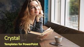  Presentation with coffee book - Slides enhanced with university restaurant - beautiful young woman sitting background and a tawny brown colored foreground